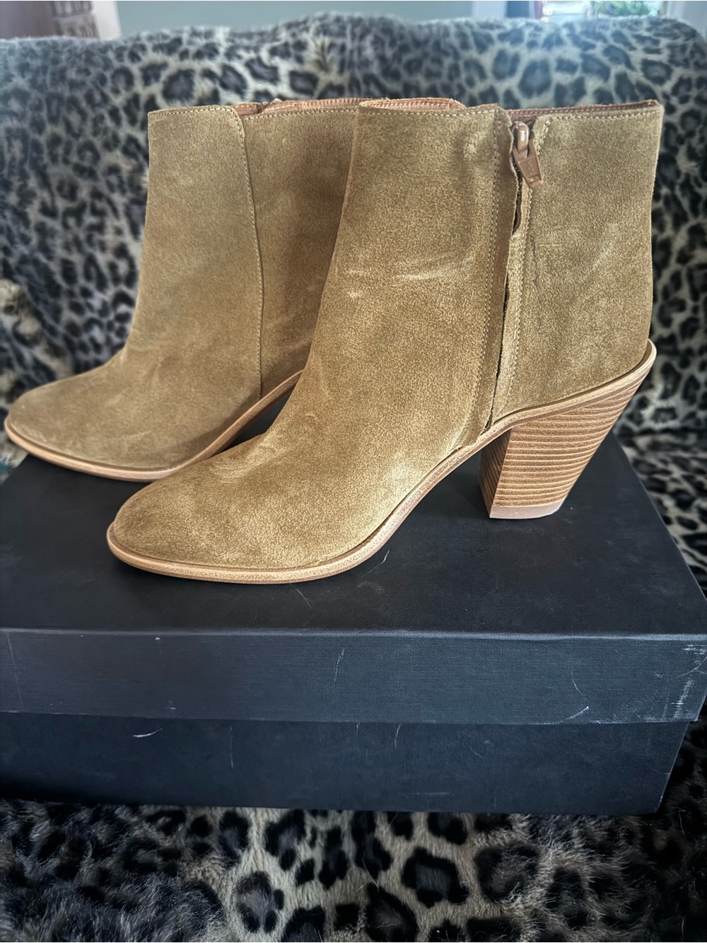 Women's Suede Ankle Booties in Olive Brown with Stacked Heel